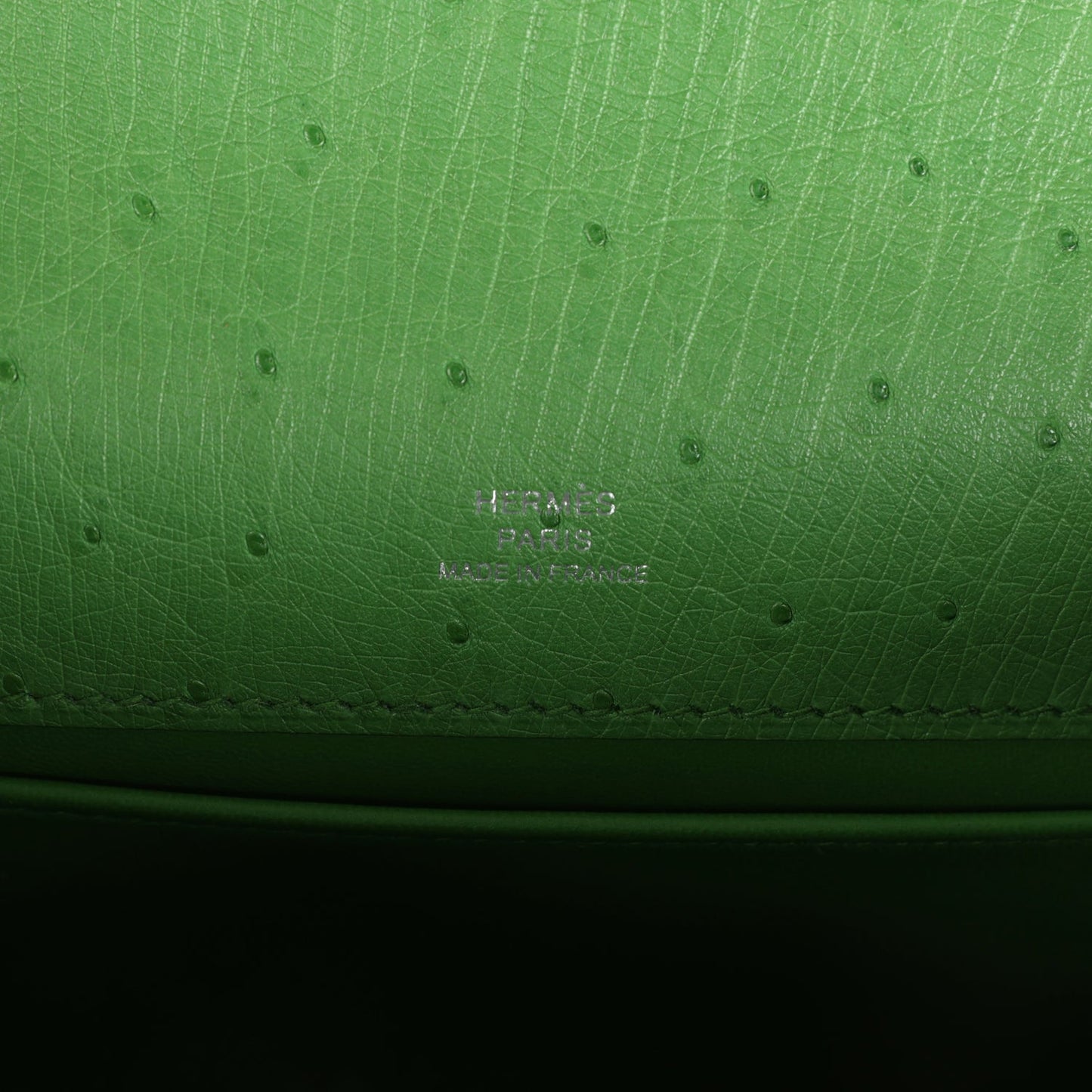 Hermes Kelly Pochette Vert Yucca Ostrich Palladium Hardware