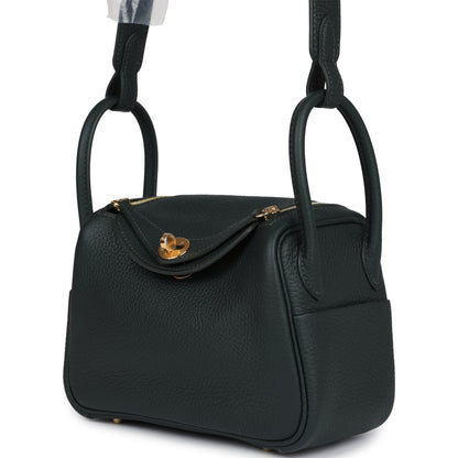 Hermes Mini Lindy Vert Fonce Clemence Gold Hardware