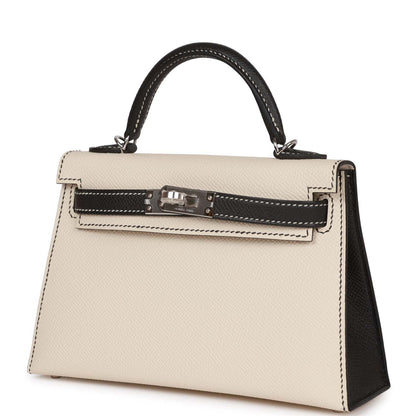Hermes Special Order (HSS) Kelly 20 Sellier Craie and Black Epsom Palladium Hardware
