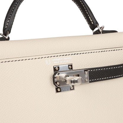 Hermes Special Order (HSS) Kelly 20 Sellier Craie and Black Epsom Palladium Hardware