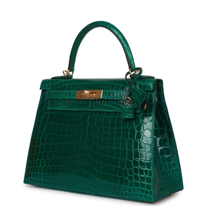 Hermes Special Order (HSS) Kelly 28 Sellier Emerald Shiny Niloticus Crocodile Gold Hardware