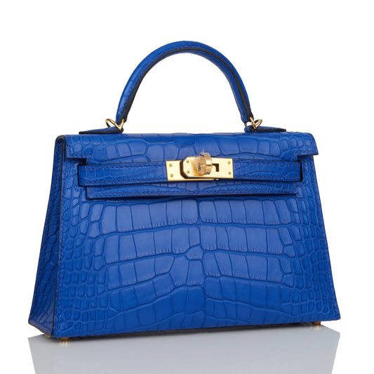 Hermes Kelly 20 Sellier Bleu Royal Matte Alligator Gold Hardware