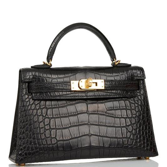 Hermes Kelly 20 Sellier Black Matte Alligator Gold Hardware