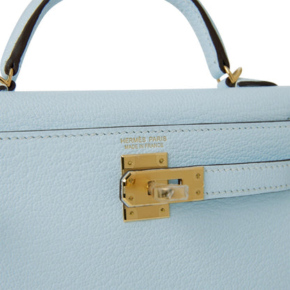 Hermes Kelly 20 Sellier Bleu Brume Chevre Gold Hardware