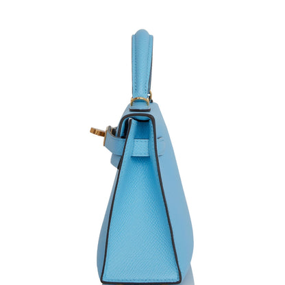 Hermes Kelly 20 Sellier Celeste Epsom Gold Hardware