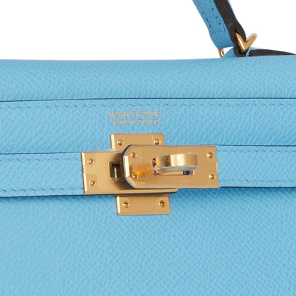 Hermes Kelly 20 Sellier Celeste Epsom Gold Hardware