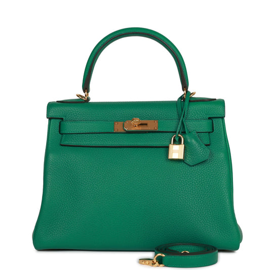 Pre-owned Hermes Kelly Retourne 28 Vert Vertigo Clemence Gold Hardware