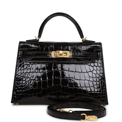 Hermes Kelly 20 Sellier Black Shiny Alligator Gold Hardware