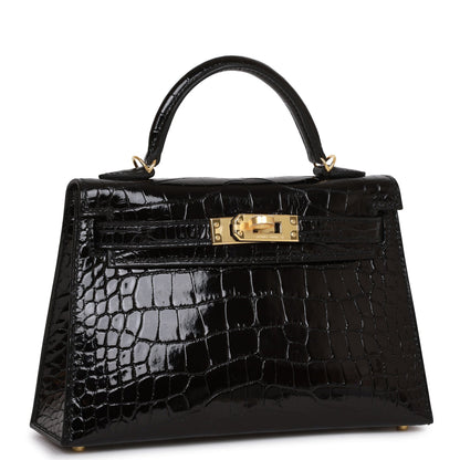 Hermes Kelly 20 Sellier Black Shiny Alligator Gold Hardware