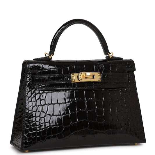 Hermes Kelly 20 Sellier Black Shiny Alligator Gold Hardware