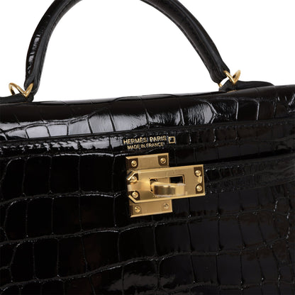 Hermes Kelly 20 Sellier Black Shiny Alligator Gold Hardware