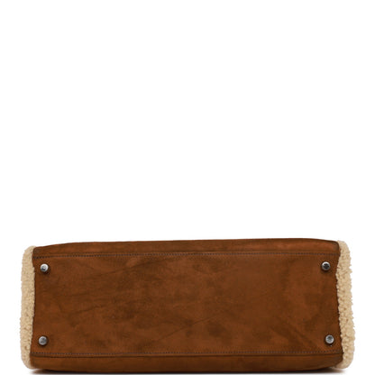 Pre-owned Hermes Teddy Kelly 35 Shearling and Ebene Barenia Palladium Hardware