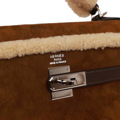 Pre-owned Hermes Teddy Kelly 35 Shearling and Ebene Barenia Palladium Hardware