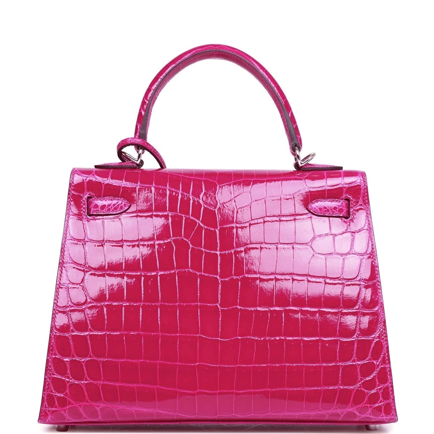 Hermes Kelly 25 Sellier Rose Pourpre Shiny Niloticus Crocodile Palladium Hardware