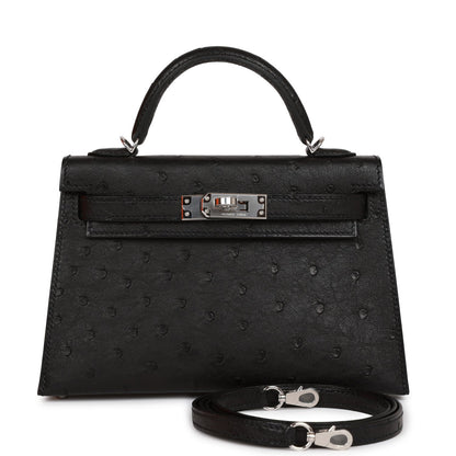 Hermes Kelly 20 Sellier Black Ostrich Palladium Hardware