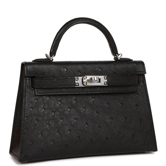 Hermes Kelly 20 Sellier Black Ostrich Palladium Hardware