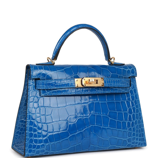 Hermes Kelly 20 Sellier Bleu Zellige Shiny Alligator Gold Hardware