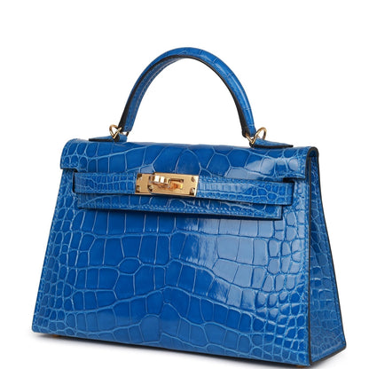 Hermes Kelly 20 Sellier Bleu Zellige Shiny Alligator Gold Hardware