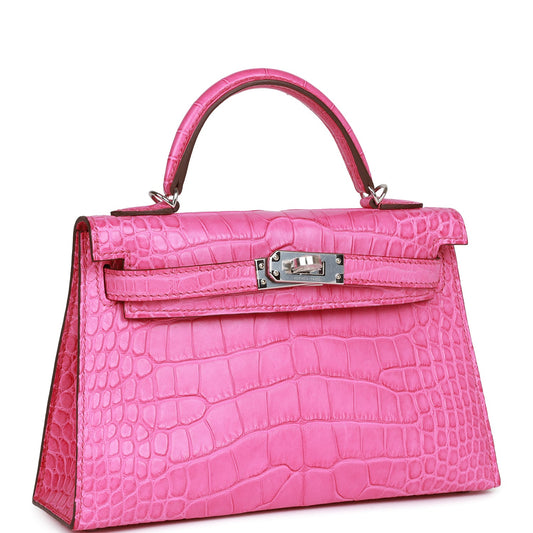 Hermes Kelly 20 Sellier Rose Shocking Matte Alligator Palladium Hardware