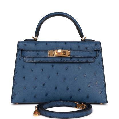Hermes Kelly 20 Sellier Bleu Iris Ostrich Gold Hardware