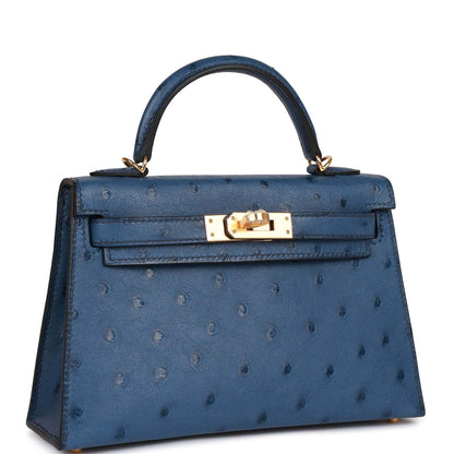 Hermes Kelly 20 Sellier Bleu Iris Ostrich Gold Hardware