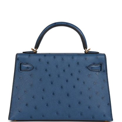 Hermes Kelly 20 Sellier Bleu Iris Ostrich Gold Hardware