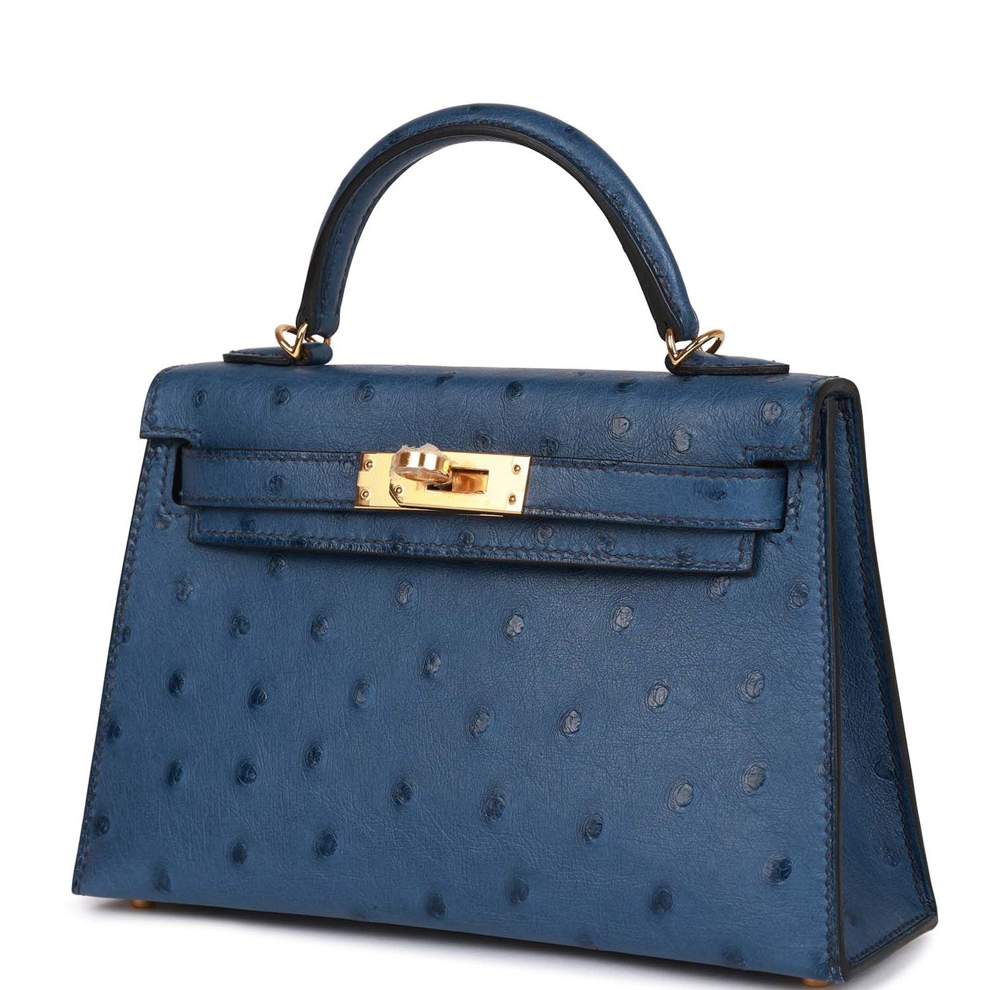 Hermes Kelly 20 Sellier Bleu Iris Ostrich Gold Hardware