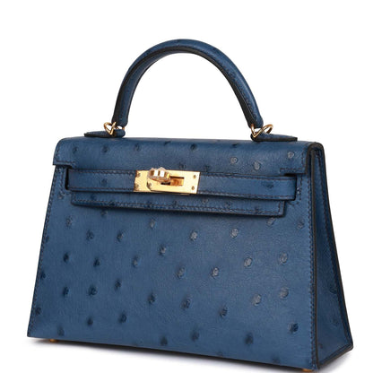 Hermes Kelly 20 Sellier Bleu Iris Ostrich Gold Hardware
