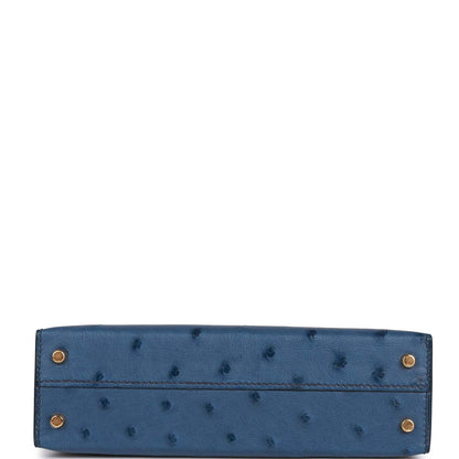 Hermes Kelly 20 Sellier Bleu Iris Ostrich Gold Hardware