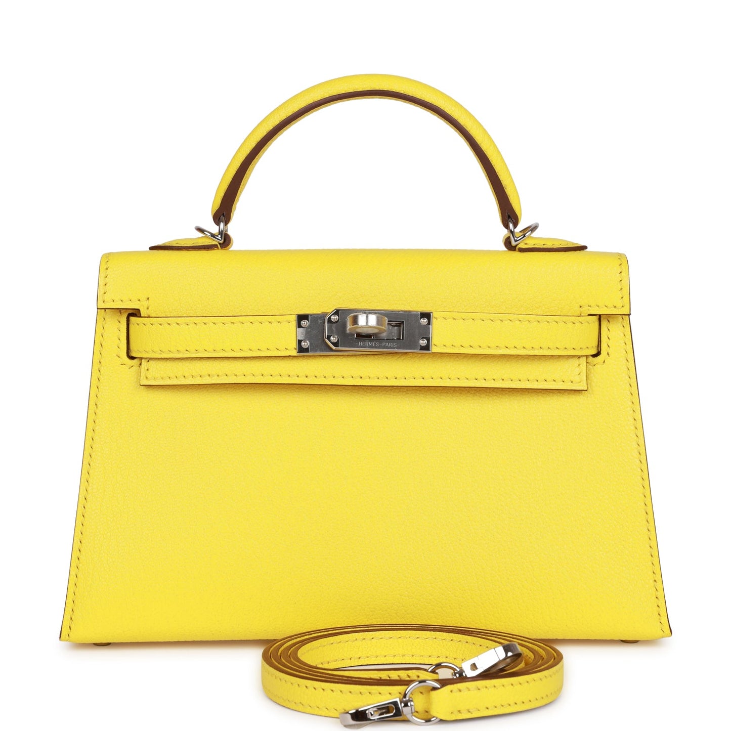 Hermes Kelly 20 Sellier Jaune Citron Chèvre Palladium Hardware