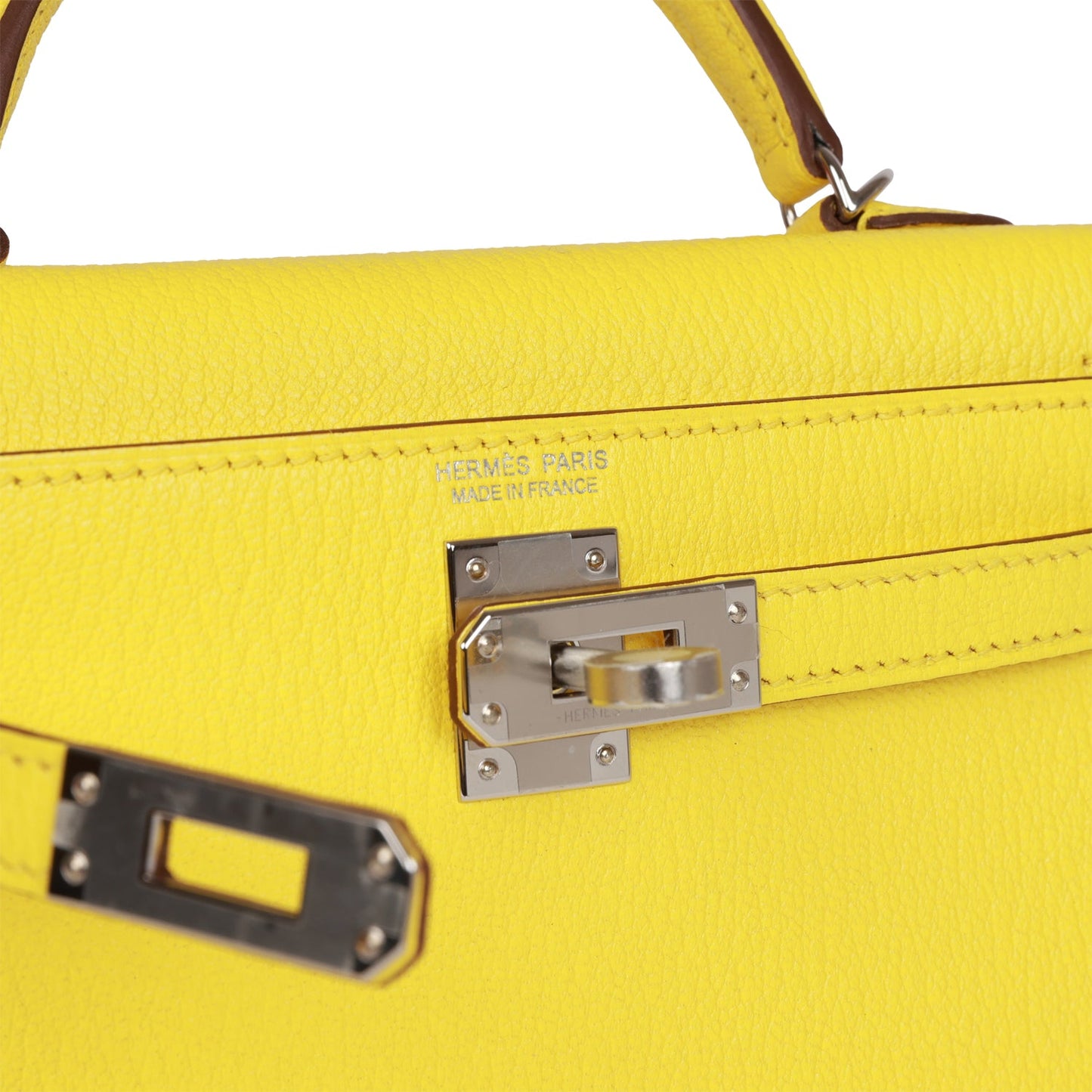 Hermes Kelly 20 Sellier Jaune Citron Chèvre Palladium Hardware