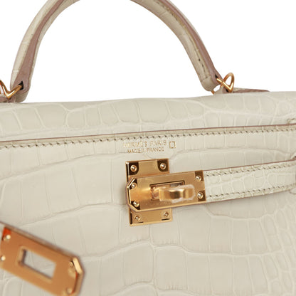 Hermes Kelly 20cm Sellier Beton Matte Alligator Gold Hardware