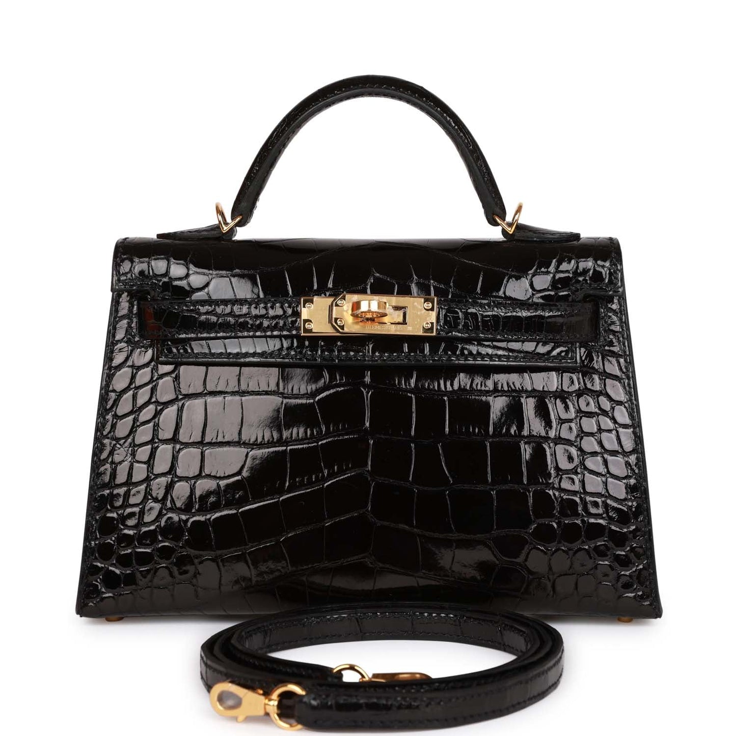 Hermes Kelly 20 Sellier Black Shiny Alligator Gold Hardware
