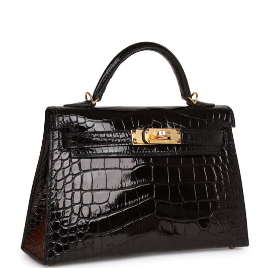 Hermes Kelly 20 Sellier Black Shiny Alligator Gold Hardware