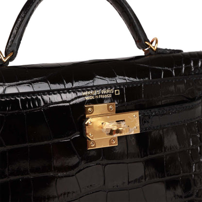 Hermes Kelly 20 Sellier Black Shiny Alligator Gold Hardware
