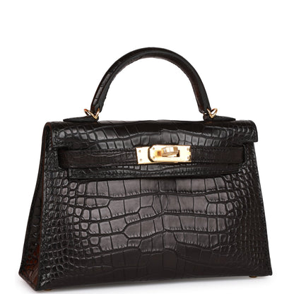 Hermes Kelly 20 Sellier Black Matte Alligator Gold Hardware