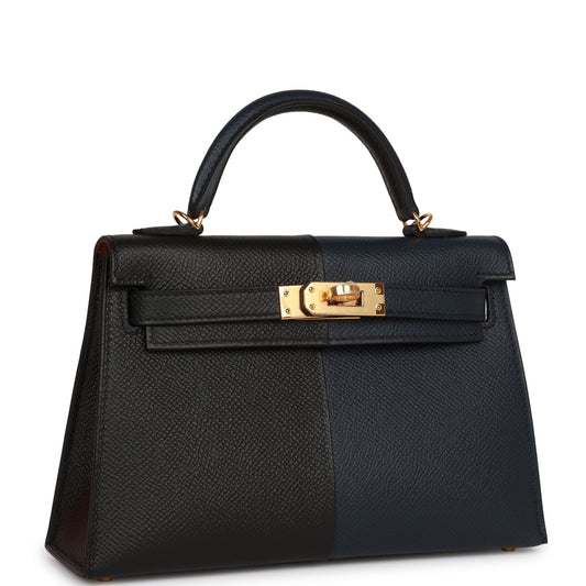 Hermes Kelly 20 Sellier Bleu Indigo, Black and Rouge H Casaque Epsom Gold Hardware