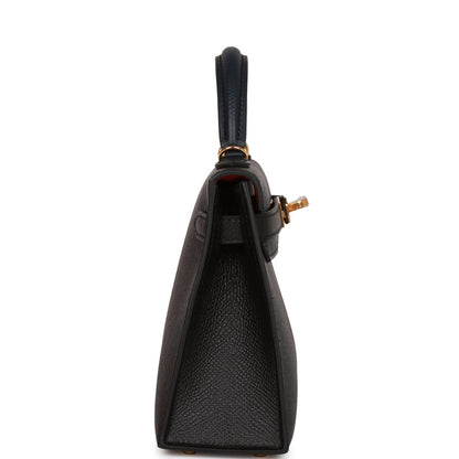 Hermes Kelly 20 Sellier Bleu Indigo, Black and Rouge H Casaque Epsom Gold Hardware