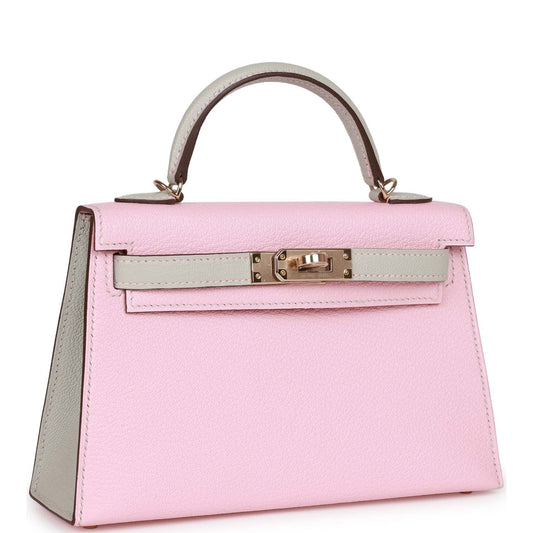 Hermes Kelly 20 Rose Sakura and Gris Perle Chevre Mysore Permabrass