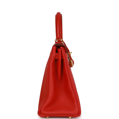Pre-owned Hermes Kelly Retourne 28 Rouge Casaque Togo Gold Hardware