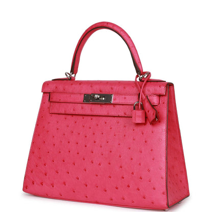 Hermes Kelly 28  Sellier Rose Tyrien Ostrich Palladium Hardware