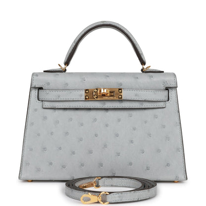 Hermes Kelly 20 Sellier Bleu Glacier Ostrich Gold Hardware