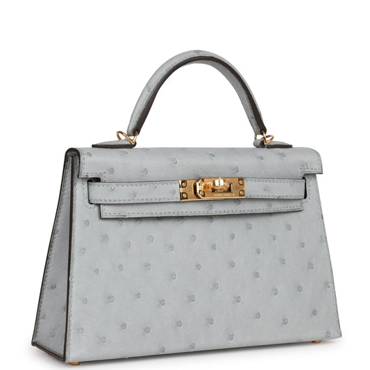 Hermes Kelly 20 Sellier Bleu Glacier Ostrich Gold Hardware