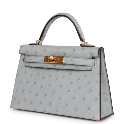 Hermes Kelly 20 Sellier Bleu Glacier Ostrich Gold Hardware
