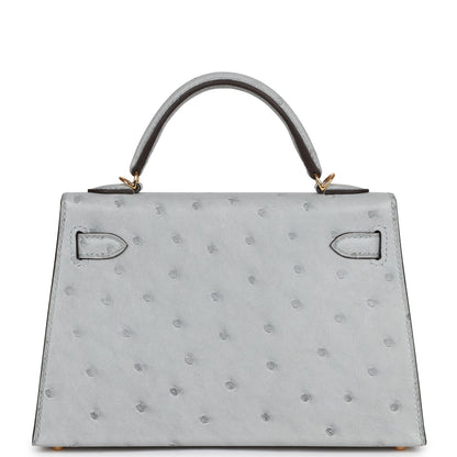 Hermes Kelly 20 Sellier Bleu Glacier Ostrich Gold Hardware