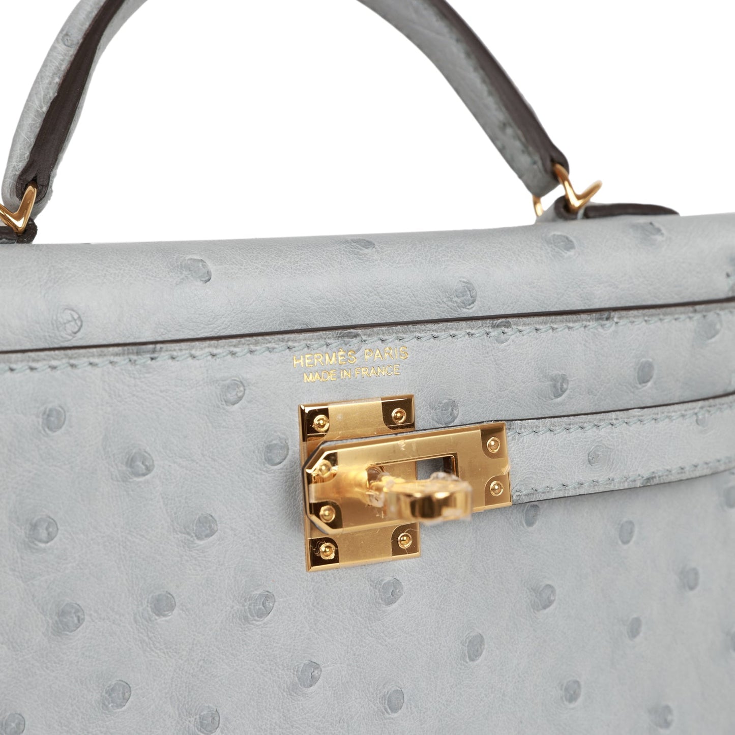 Hermes Kelly 20 Sellier Bleu Glacier Ostrich Gold Hardware
