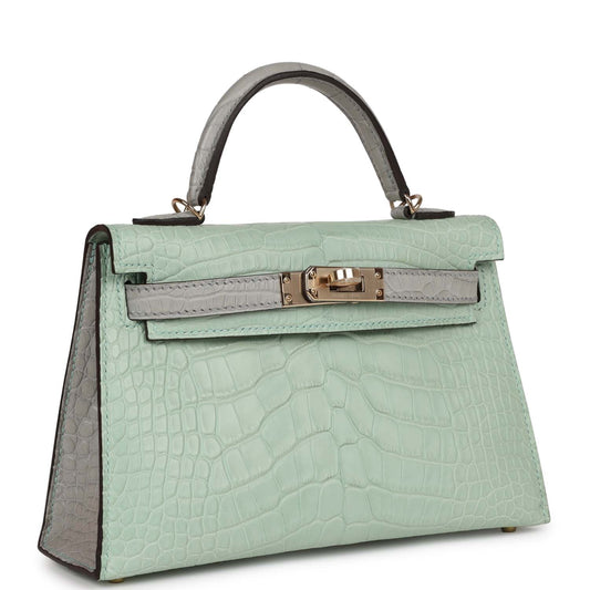 Hermes Special Order (HSS) Kelly 20 Sellier Vert D'Eau and Gris Perle Matte Alligator Permabrass Hardware