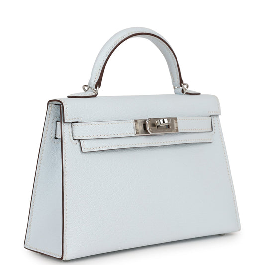 Hermes Kelly 20 Sellier Bleu Brume Chevre Palladium Hardware