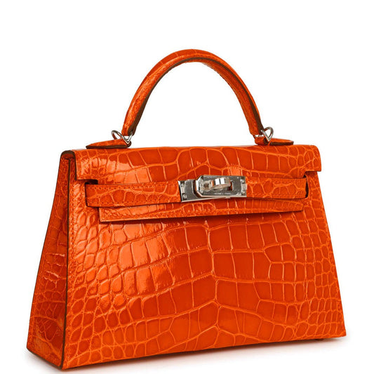 Hermes Kelly 20 Sellier Orange Poppy Shiny Alligator Palladium Hardware