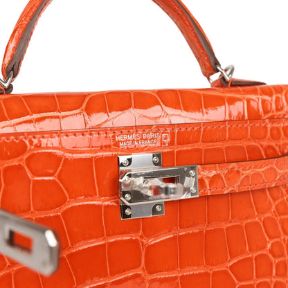 Hermes Kelly 20 Sellier Orange Poppy Shiny Alligator Palladium Hardware